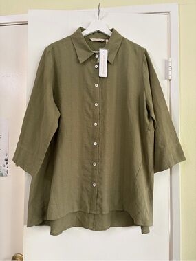 NWT Soft Surroundings Livienne Linen Blend Shirt Aloe Green XL